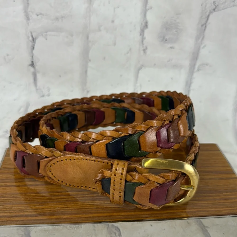 Vintage Genuine Leather Belt Multi-Color Woven Leather and Brass Buckle